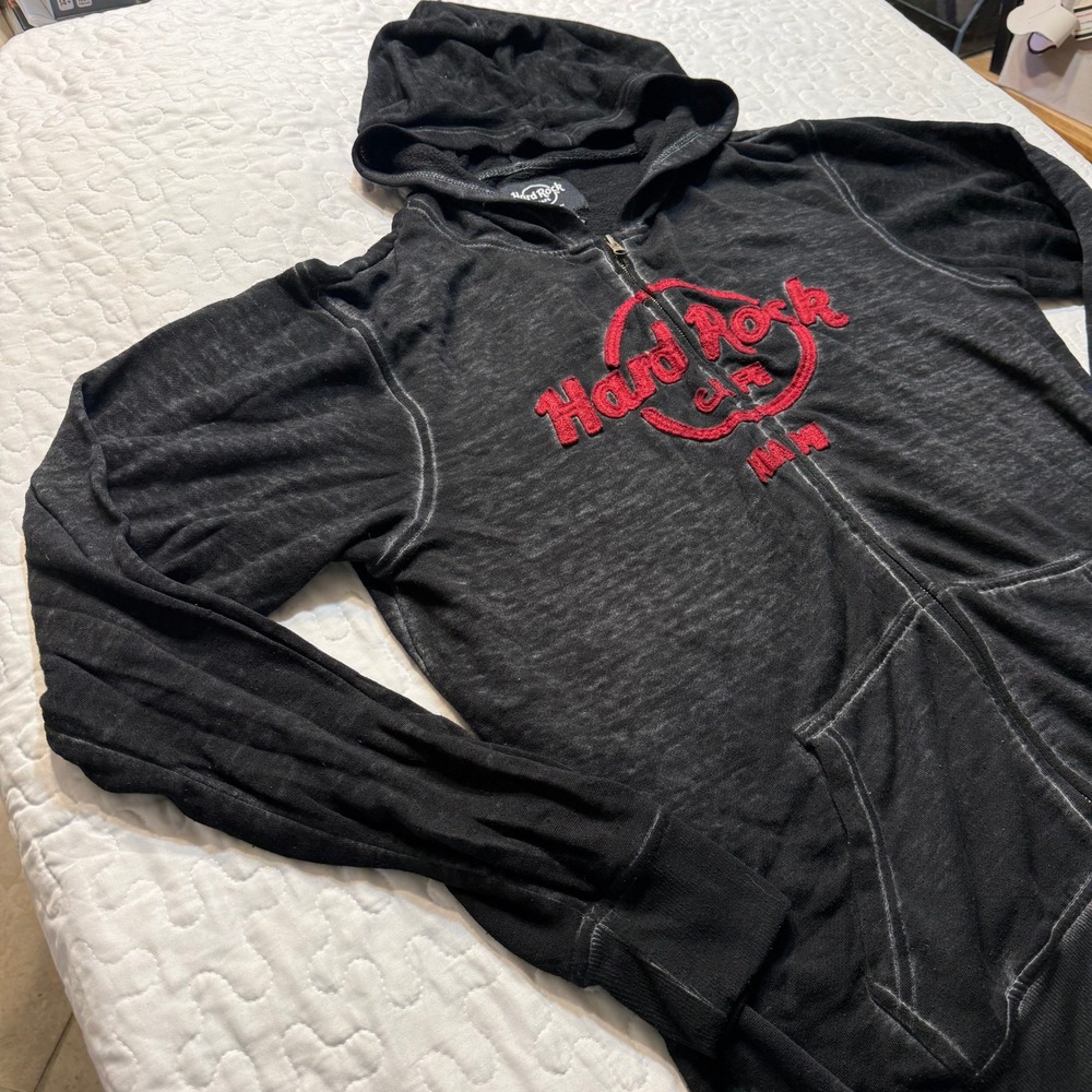 Hard Rock Cafe Hoodie YOUNG MEN L Black Miami Acid Wash Zip Up Embroidered Logo